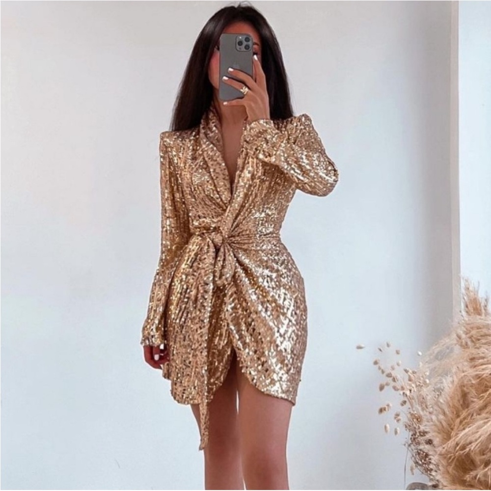 Zara Gold Sequin Wrap Dress
